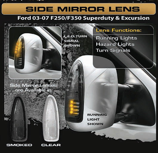 2003-2007 Ford Super Duty Smoked Side Mirror Lenses w/ White LED Lights