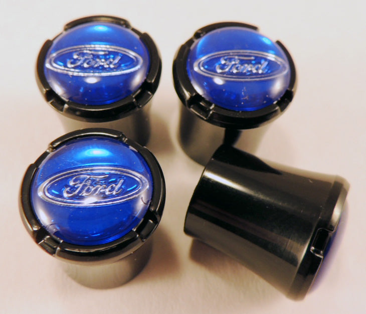 Ford Car & Truck Black Tire Air Valve Stem Caps with Blue Ford Oval Logo