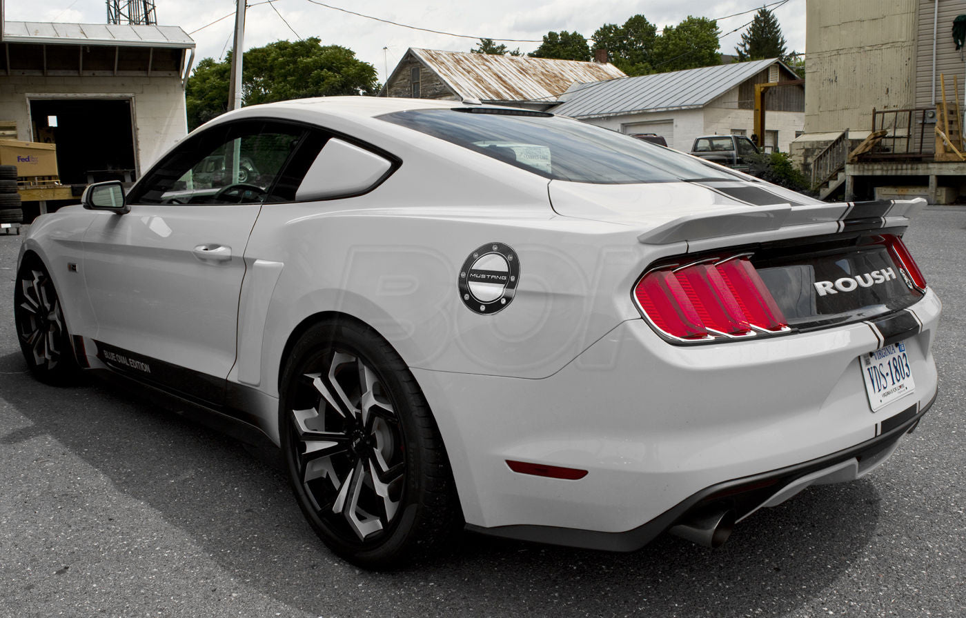 2015-2023 Ford Mustang Black w/ Silver Fill Embossed Gas Fuel Door Comp Series