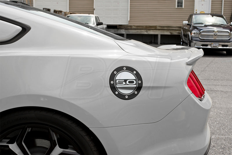 2015-2023 Ford Mustang GT 5.0 Black w/ Silver Fill Embossed Gas Fuel Door