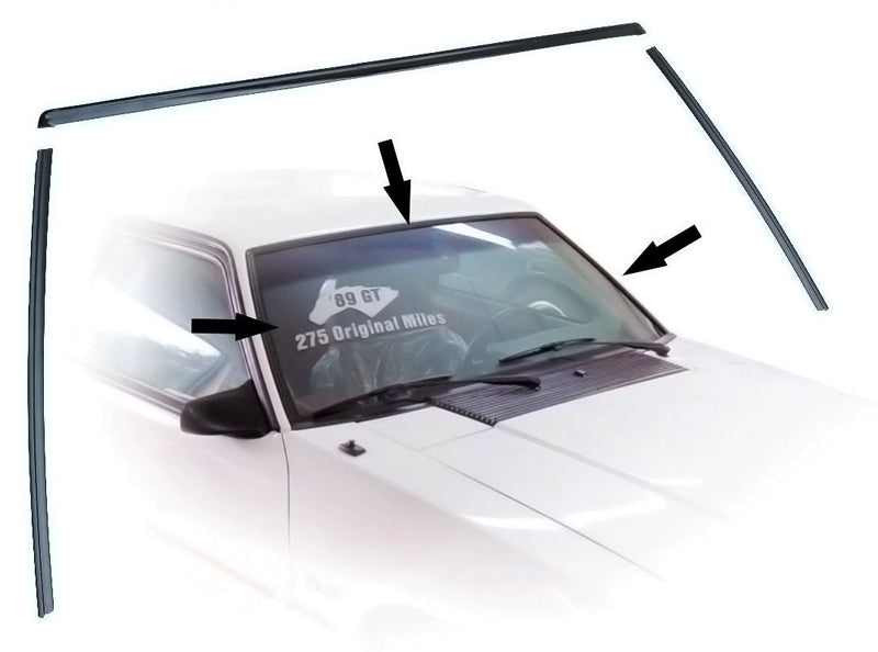 1979-1993 Mustang Black Outer Upper & Side Windshield Trim Moldings Window Set